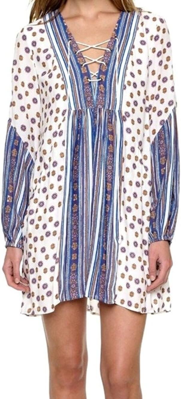 Free People Rain Shine Printed Lace-Up Swing Dress Floral Stripe Boho Mini Sz S